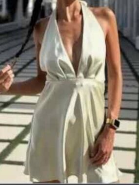 Zara Satin Effect Backless Halter Mini Dress in Pastel Pale Green
